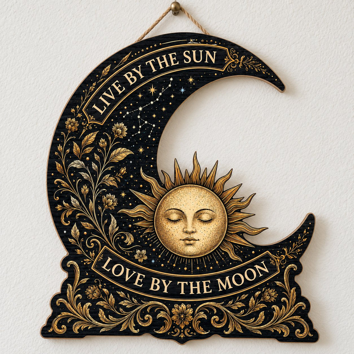 Crescent moon and sleeping sun wooden sign with gold constellations and words Live by the Sun, Love by the Moon.