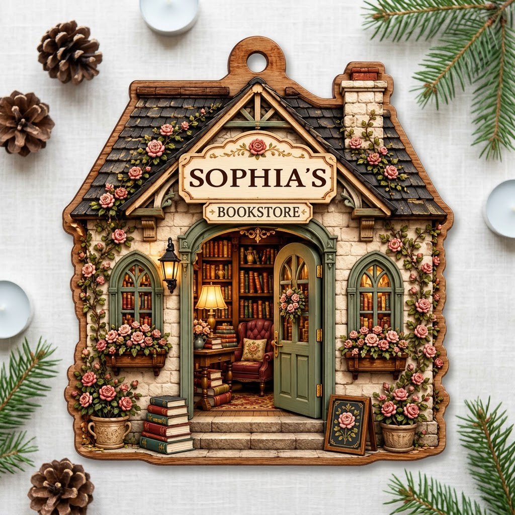 House-shaped wood ornament of a cozy bookstore with green door, rose vines, books, and a BOOKSTORE sign.