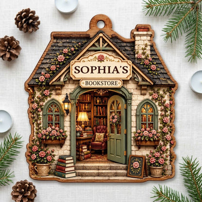 House-shaped wood ornament of a cozy bookstore with green door, rose vines, books, and a BOOKSTORE sign.