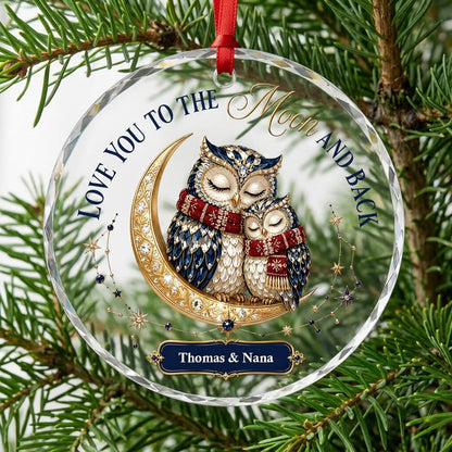 Two jeweled owls on a gold crescent moon with Love You to the Moon and Back text and names on a blue plaque.