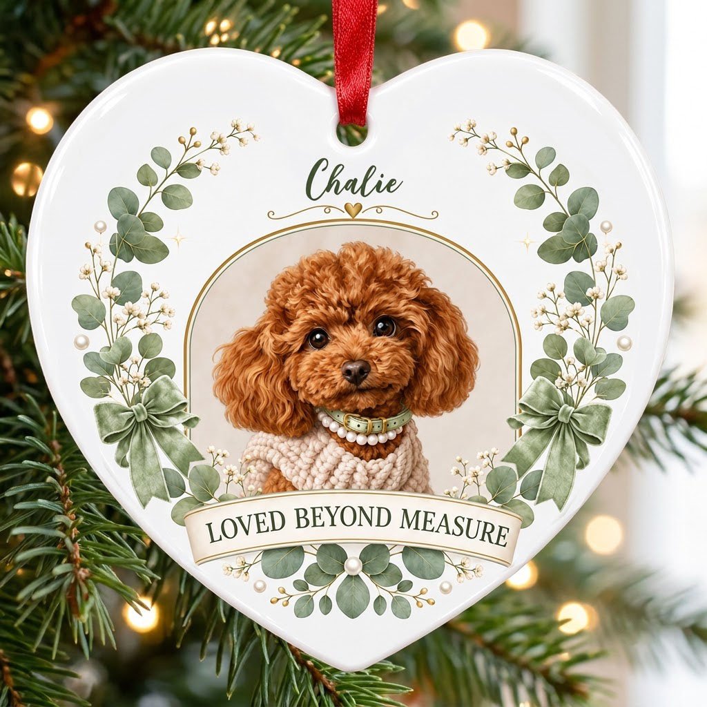 Heart ceramic ornament with dog photo in gold frame, eucalyptus wreath, green bows and 'LOVED BEYOND MEASURE' text