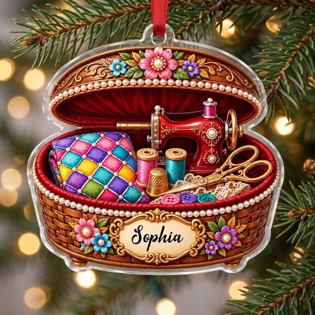 Custom-cut acrylic ornament of a brown sewing basket with a red vintage sewing machine and floral accents