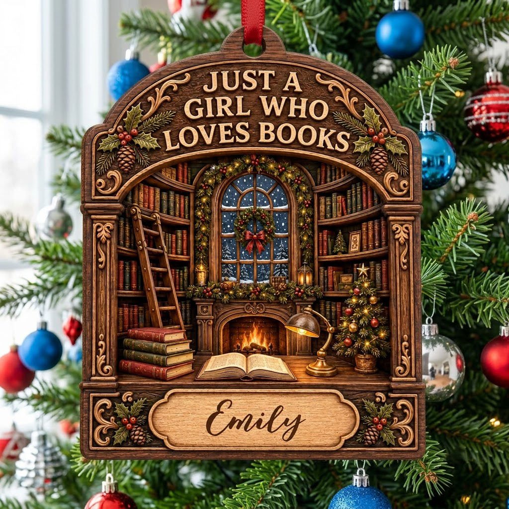Arch wood ornament with library scene, bookshelves, ladder, fireplace, and 'Just a Girl Who Loves Books' text.