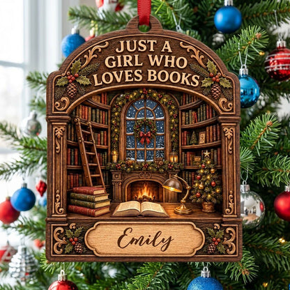 Arch wood ornament with library scene, bookshelves, ladder, fireplace, and 'Just a Girl Who Loves Books' text.