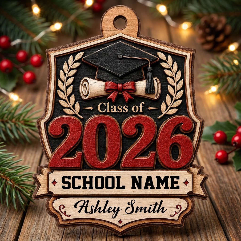 Shield-shaped wood ornament with Class of 2026, cap, diploma, laurel branches, and a personalized name and school