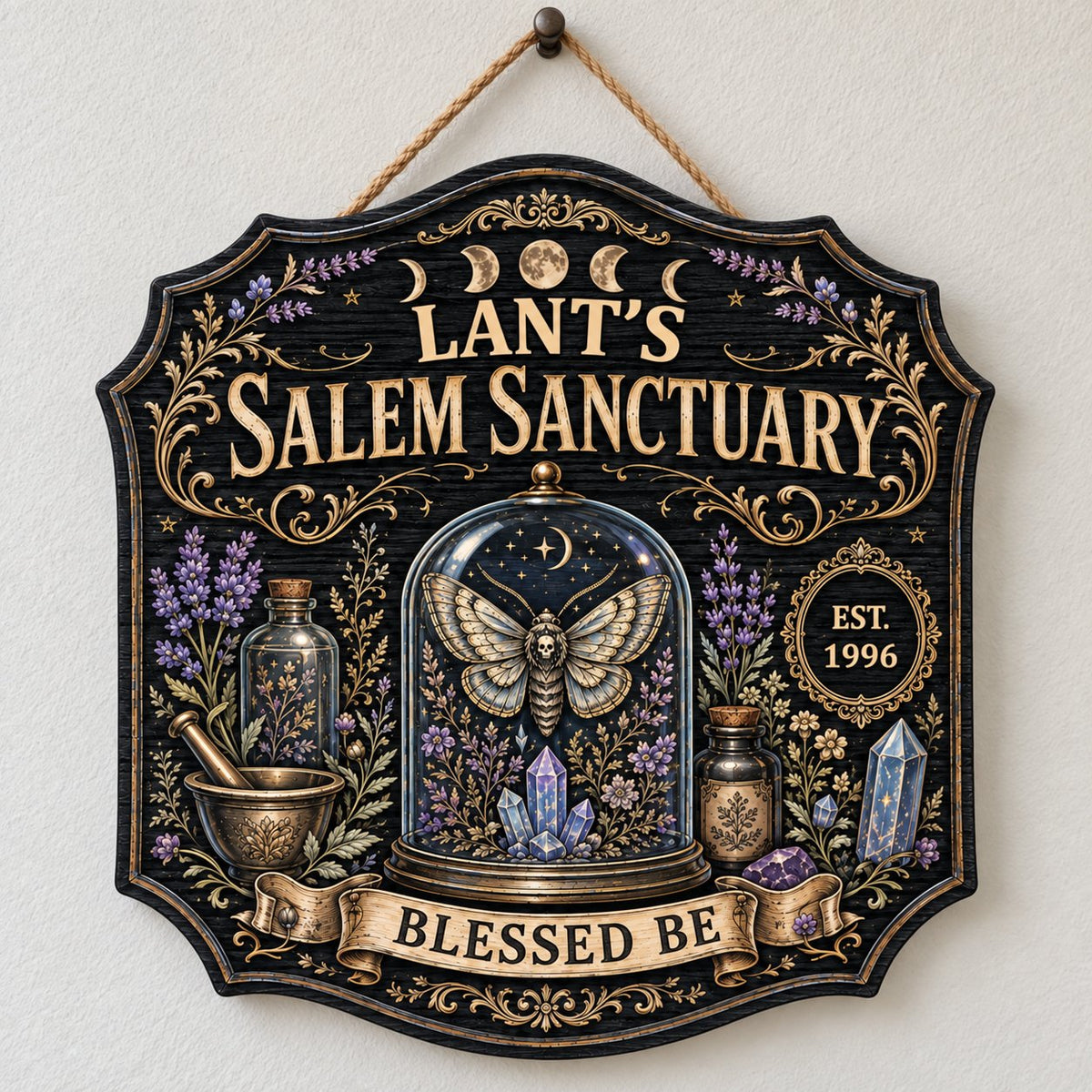 Ornate shield wooden sign with 'Salem Sanctuary,' moon phases, moth, crystals, and personalized name and year.