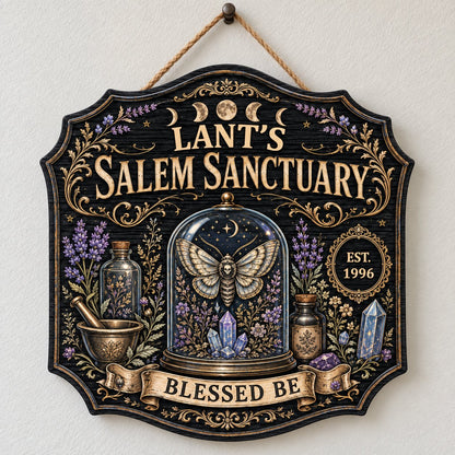 Ornate shield wooden sign with 'Salem Sanctuary,' moon phases, moth, crystals, and personalized name and year.