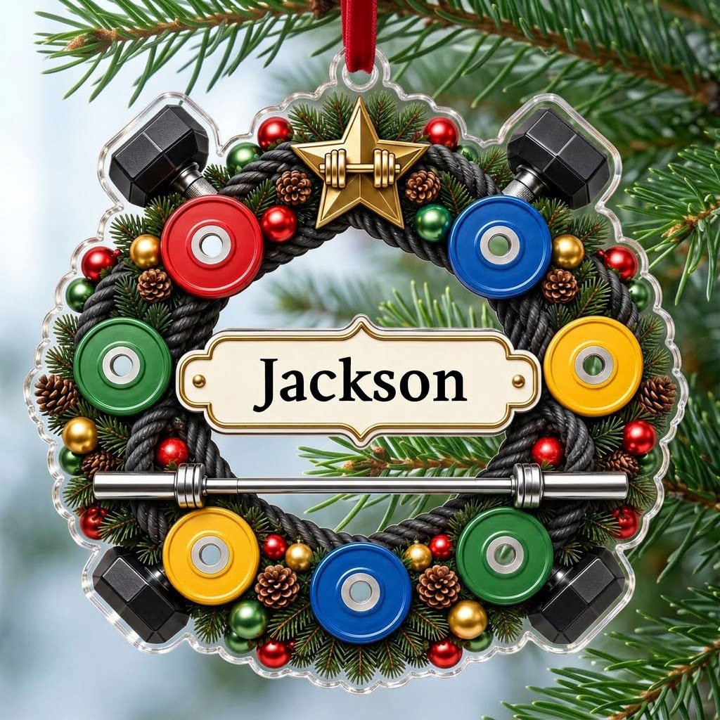 Acrylic ornament shaped around a gym wreath with dumbbells, bumper plates, barbell, and a name banner.