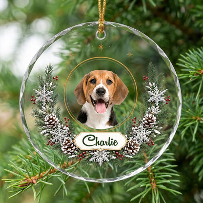 Personalized Dog Photo Holiday Wreath Round Glass Ornament