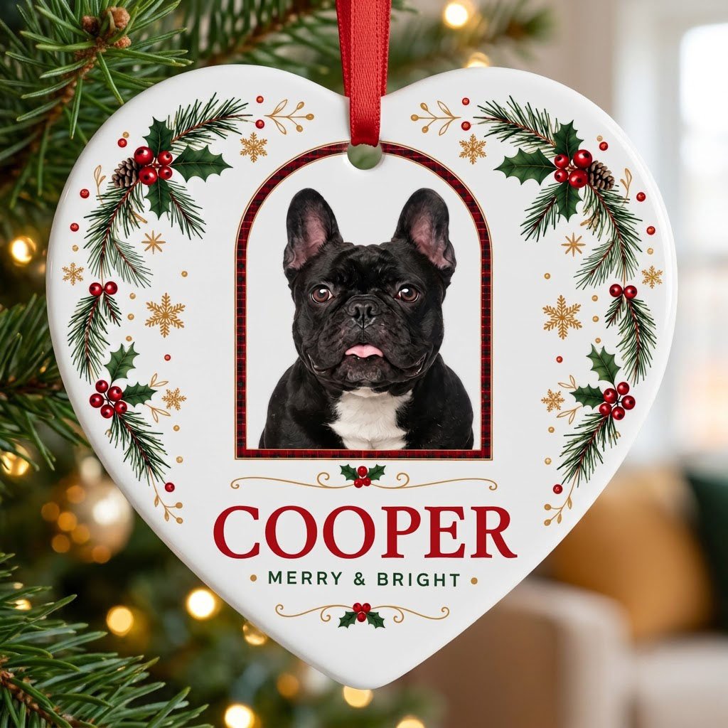 Heart ceramic ornament with dog photo in red-green plaid arch, holly, pine, gold snowflakes, and MERRY & BRIGHT text.