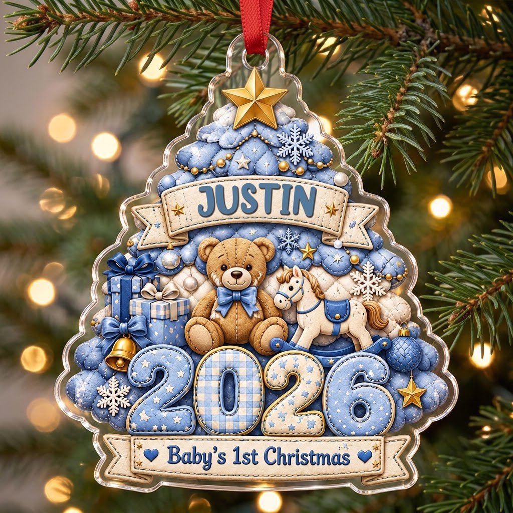 Acrylic tree ornament with teddy bear, rocking horse, Baby's 1st Christmas and quilted year in blue and gold.
