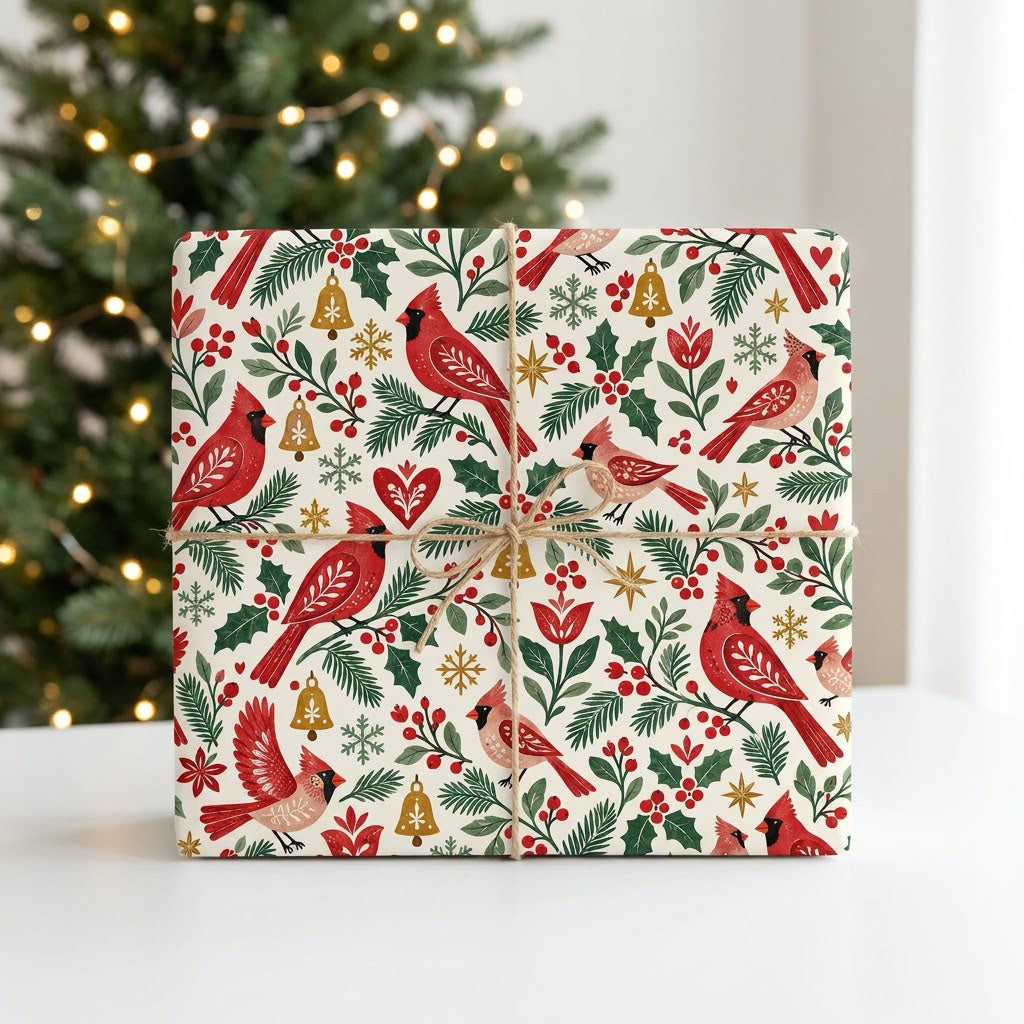 Cream gift wrap with red cardinals, pine and holly, berries, gold bells and snowflakes in a Christmas pattern.