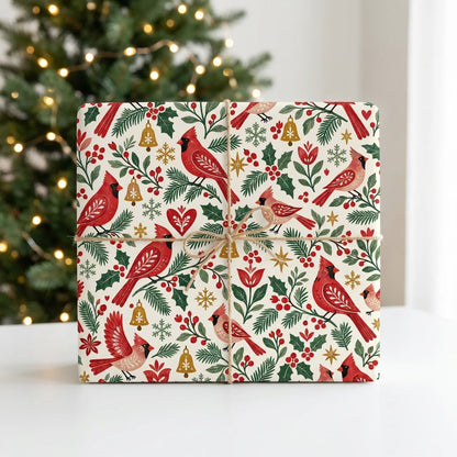 Cream gift wrap with red cardinals, pine and holly, berries, gold bells and snowflakes in a Christmas pattern.