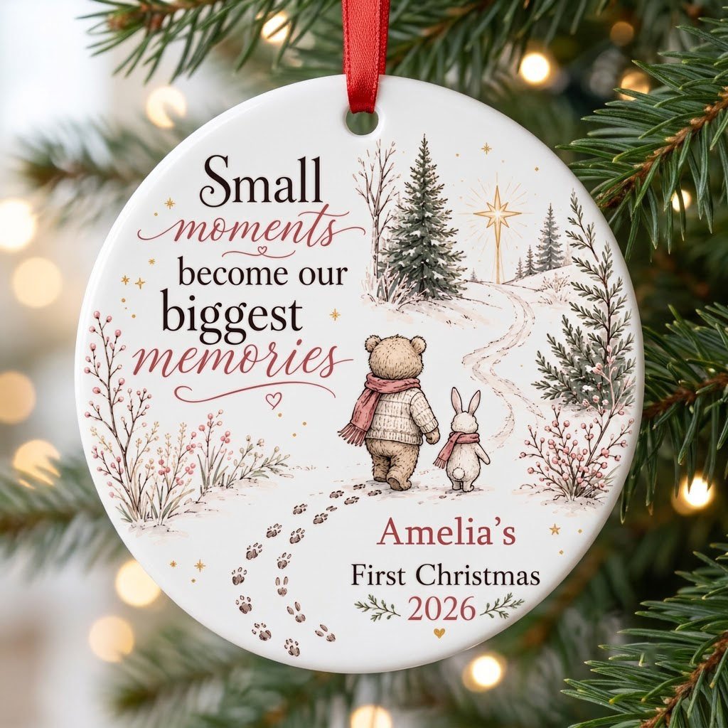 Round ceramic ornament with bear and bunny in scarves on snowy path, trees, star, quote, and personalized name and year.
