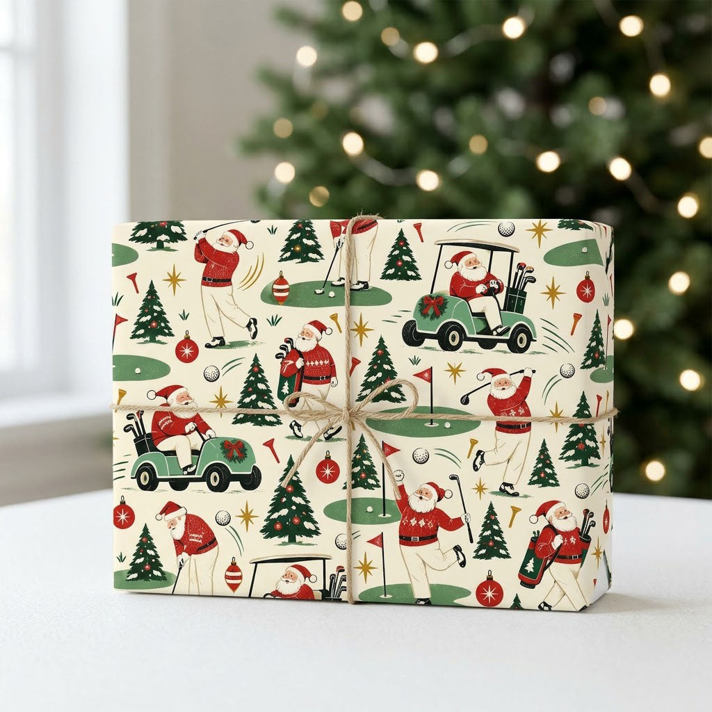 Wrapping paper with Santa Claus golfing, golf carts, trees, ornaments and golf gear on a cream background.