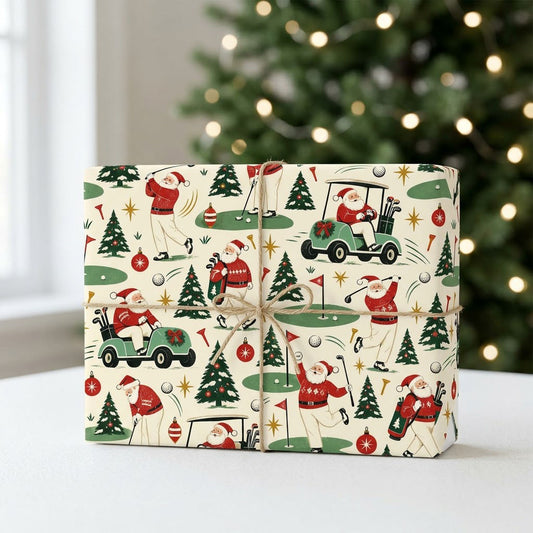 Wrapping paper with Santa Claus golfing, golf carts, trees, ornaments and golf gear on a cream background.