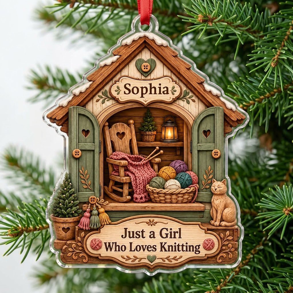 House-shaped acrylic ornament with cozy knitting shed scene and 'Just a Girl Who Loves Knitting' text.