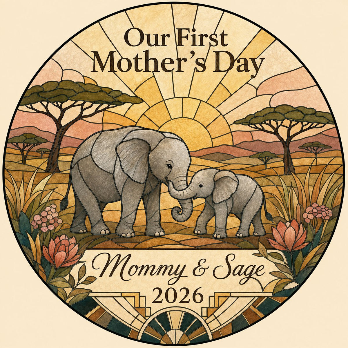 Stained glass-style mother and baby elephants at sunrise with 'Our First Mother's Day' text.
