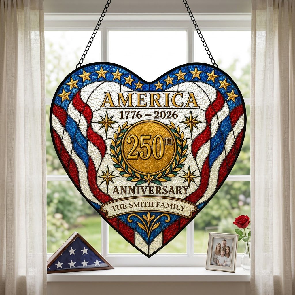 Heart suncatcher with red, white and blue stripes, gold medallion, laurel wreath, and 'America 1776–2026' text.
