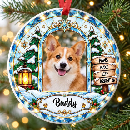 Round ceramic ornament with blue and gold stained-glass border, dog photo center, snow tree, gold lantern, holly, signpo