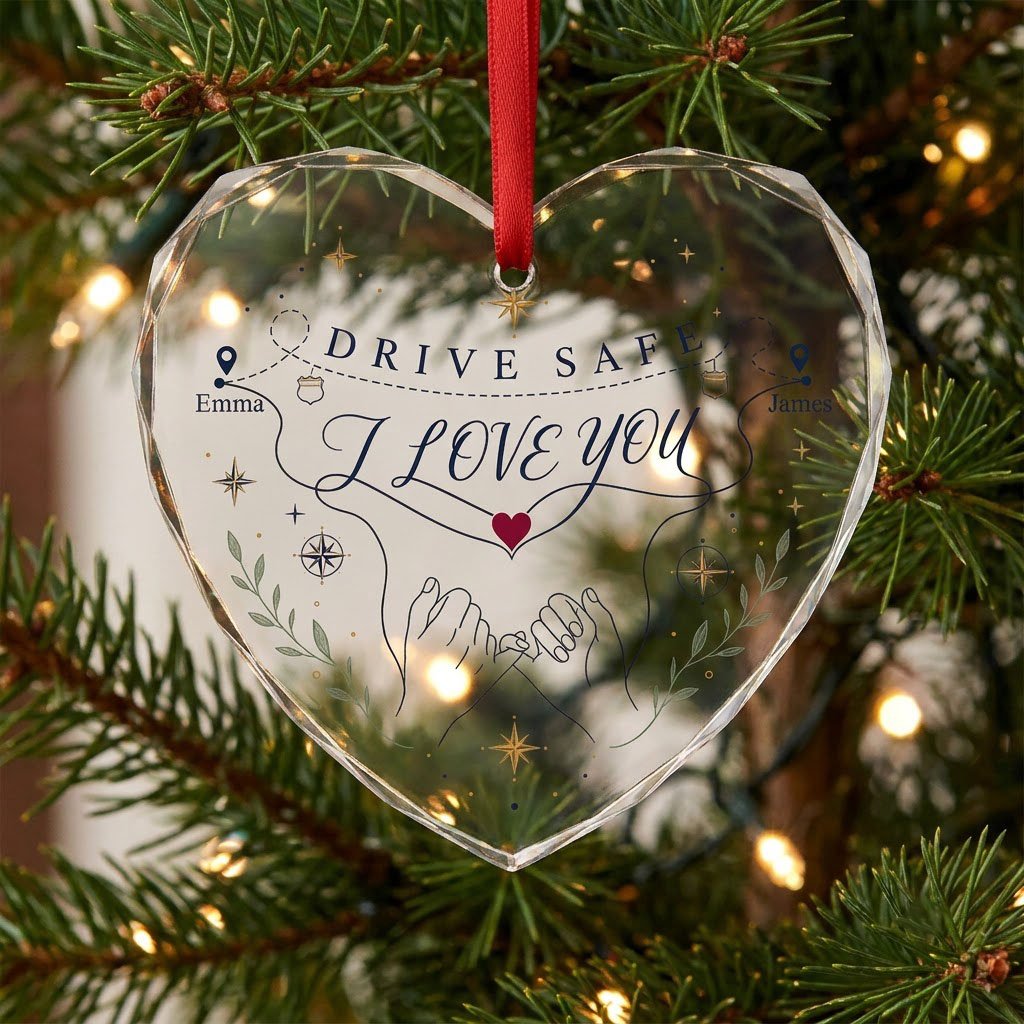 Heart glass ornament showing pinky promise hands, map pins, compass roses, green sprigs, and DRIVE SAFE and I LOVE YOU.