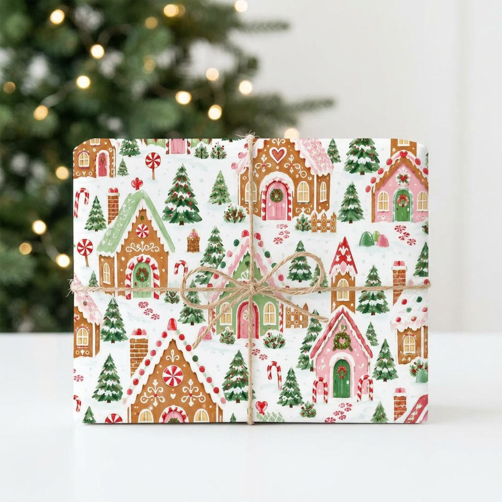 Watercolor gingerbread houses, candy canes, lollipops, pine trees and hearts on snowy white wrapping paper.