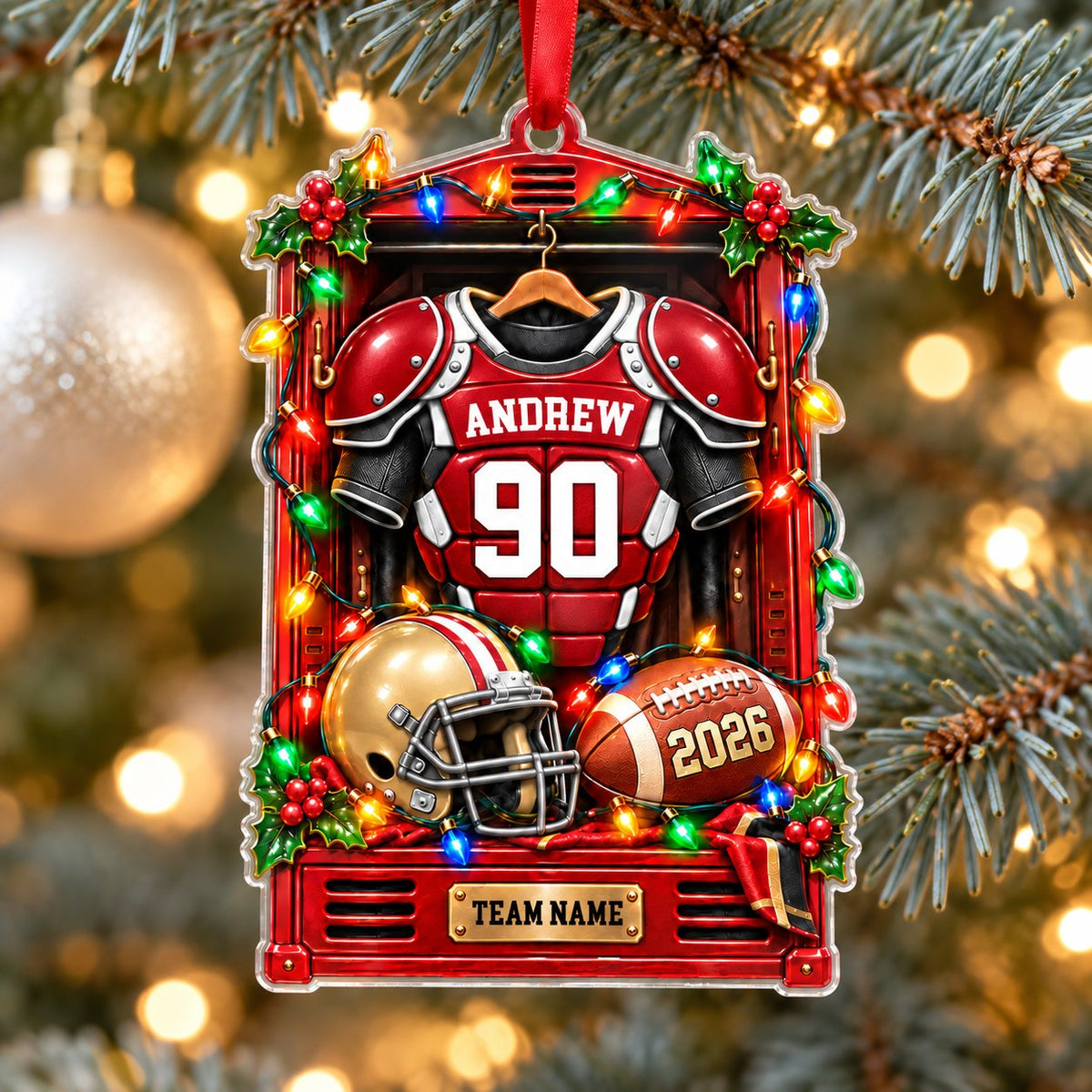 Acrylic ornament with a red football locker, jersey on hanger, gold helmet, brown football and gold plaque