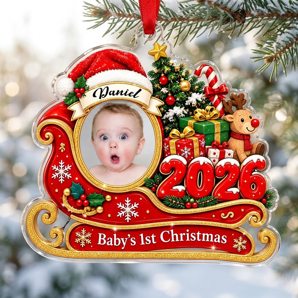 Custom-cut acrylic ornament shaped like a sleigh, reindeer and tree with a photo frame and Baby's 1st Christma text.