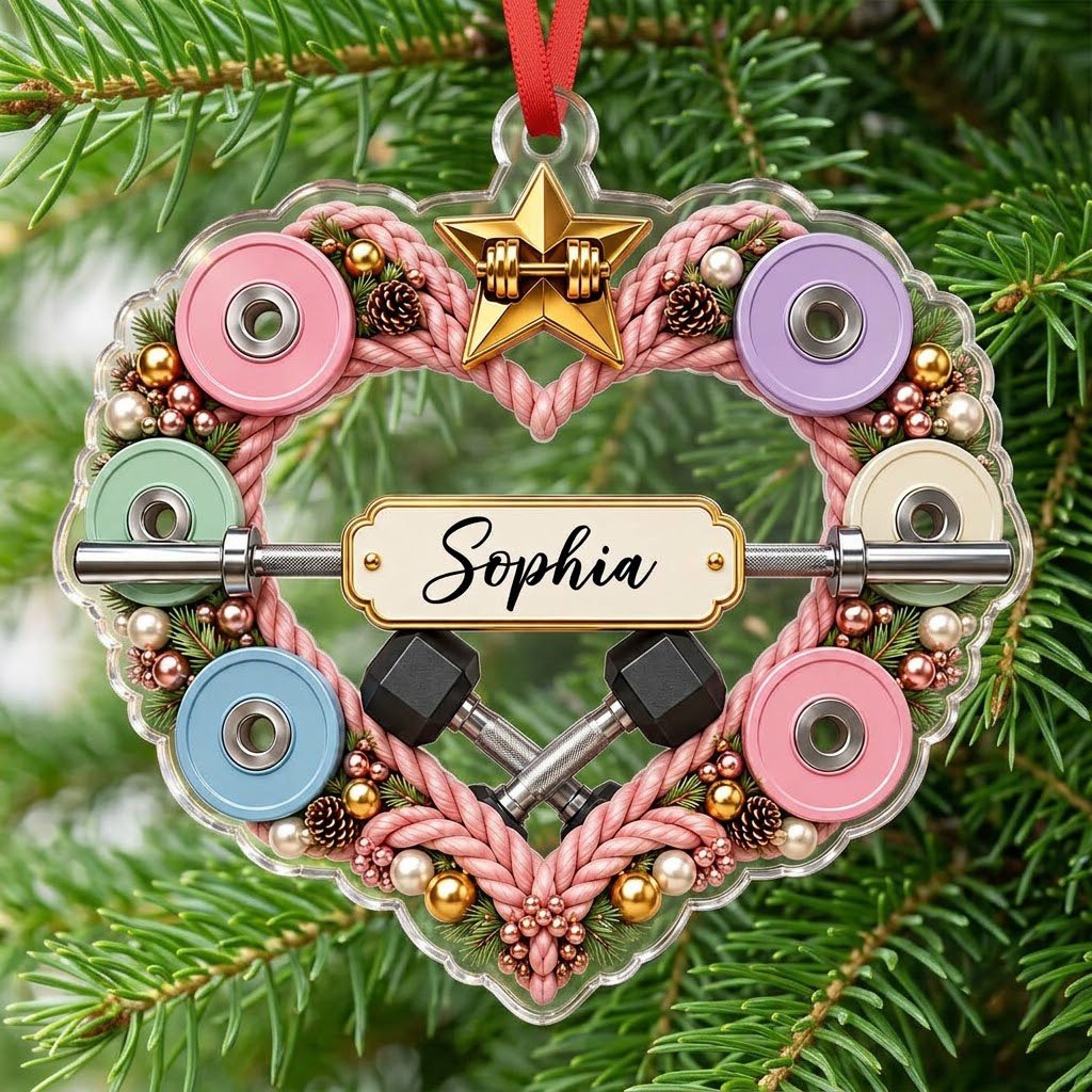 Clear acrylic heart ornament with pink rope wreath, pastel plates, barbell, crossed dumbbells, and a name plaque.