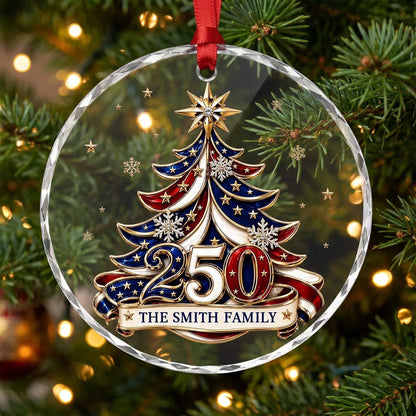 Personalized 250th Anniversary Patriotic Christmas Tree Round Glass Ornament
