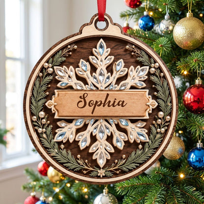 Round wood ornament with a snowflake, gemstone accents, pine sprigs, and a banner personalized with a name.