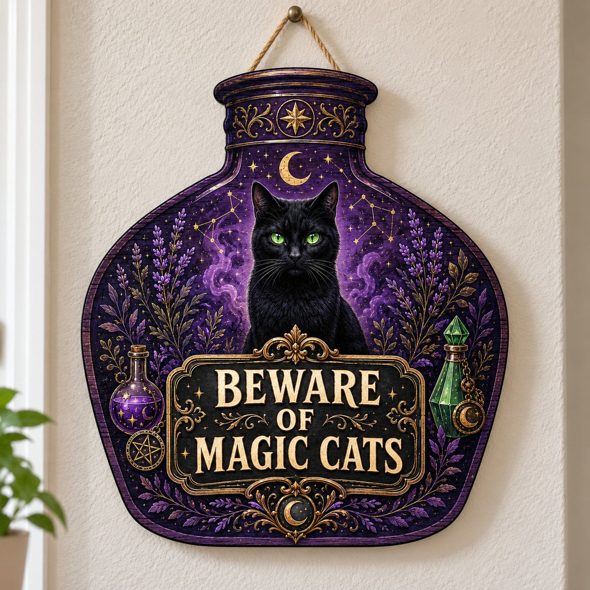 Potion bottle-shaped wooden sign with a black cat, moon, stars, lavender, and the text 'BEWARE OF MAGIC CATS'
