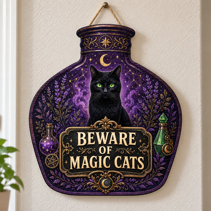 Potion bottle-shaped wooden sign with a black cat, moon, stars, lavender, and the text 'BEWARE OF MAGIC CATS'