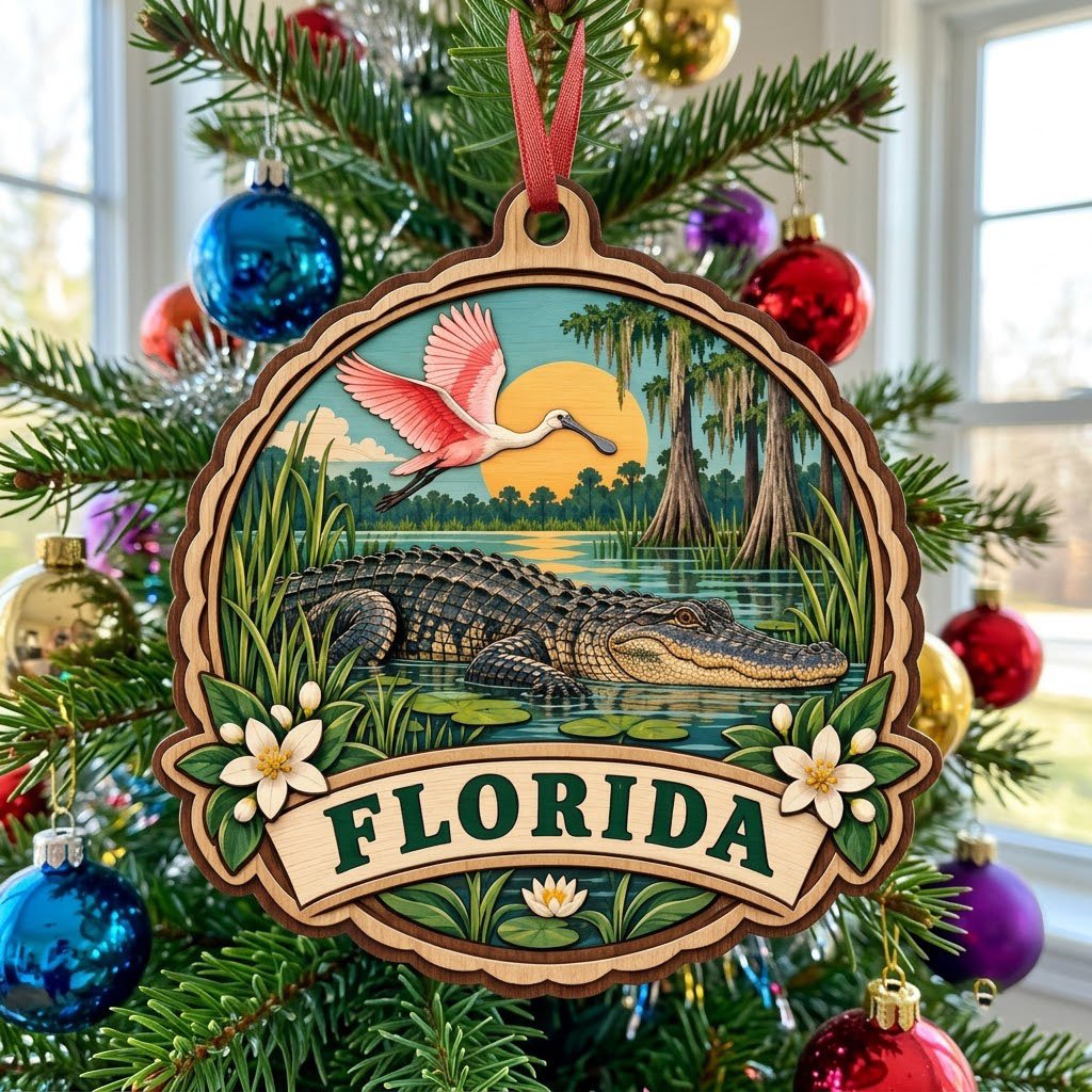 Scalloped wood ornament with alligator, pink spoonbill, sun, cypress trees, and 'FLORIDA' on a bottom banner.