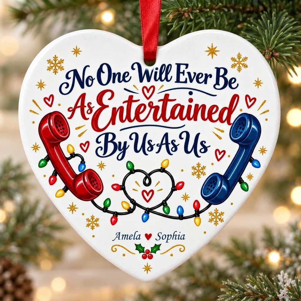 Heart ceramic ornament with red and blue vintage phones, heart-shaped Christmas lights, gold snowflakes and holly.