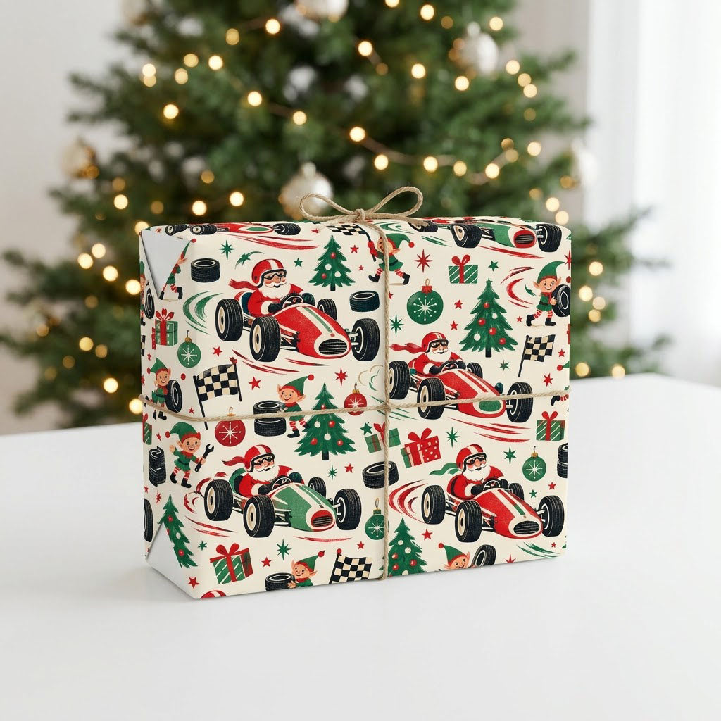 Cream wrapping paper with Santa driving vintage race cars, elves with tools and flags, trees, gifts, tires, and stars.
