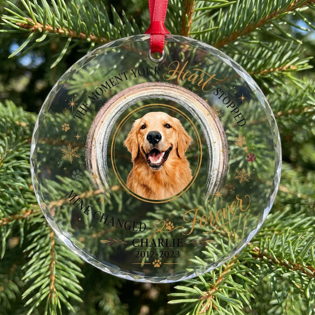 Personalized Dog Memorial Photo The Moment Your Heart Stopped Round Glass Ornament