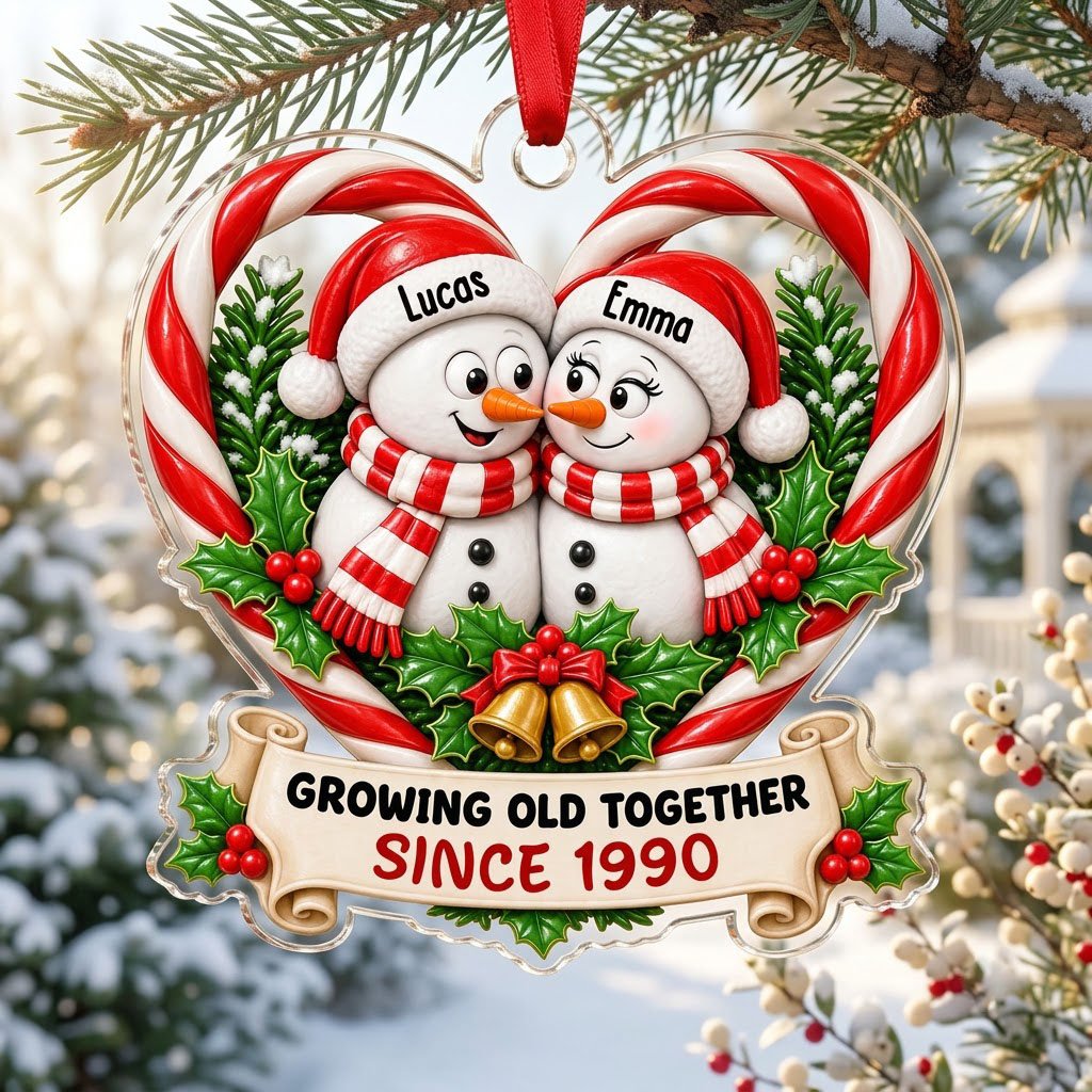 Two snowmen touching noses inside a candy-cane heart with holly, gold bells, and a scroll banner with names and year.