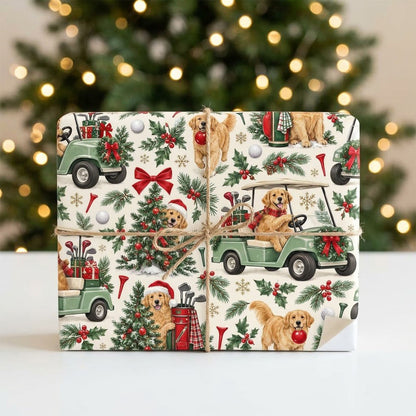 Golden Retrievers in green golf carts, Santa hats, ornaments, golf gear and holly on cream matte wrapping paper.