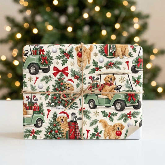 Golden Retrievers in green golf carts, Santa hats, ornaments, golf gear and holly on cream matte wrapping paper.