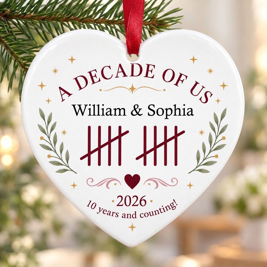 Heart ceramic ornament with 'A Decade of Us', • 2026 •, tally marks, green branches, gold stars, and couple names.