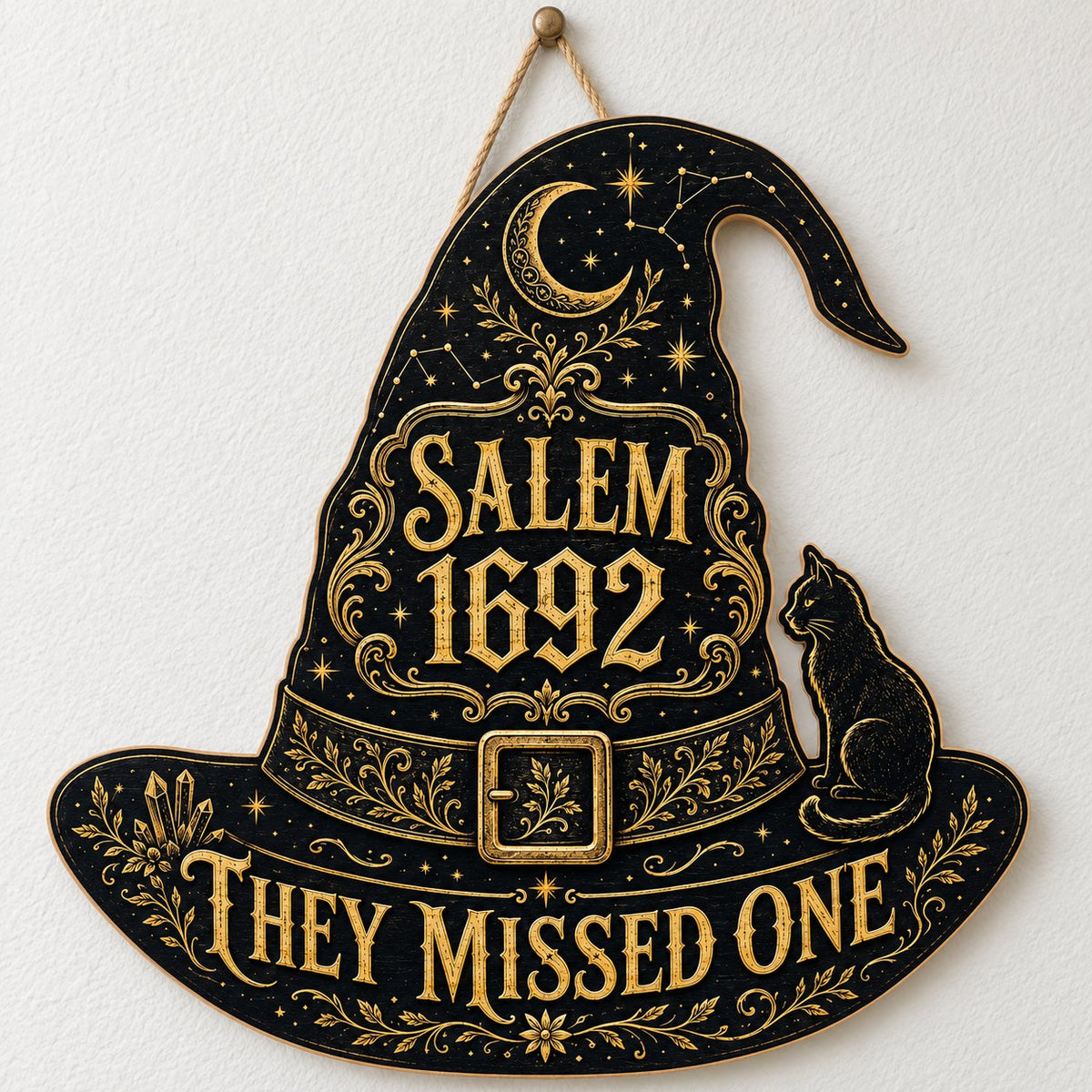 Witch hat-shaped wooden sign with 'SALEM 1692 THEY MISSED ONE', crescent moon, stars, filigree, and a black cat on the b