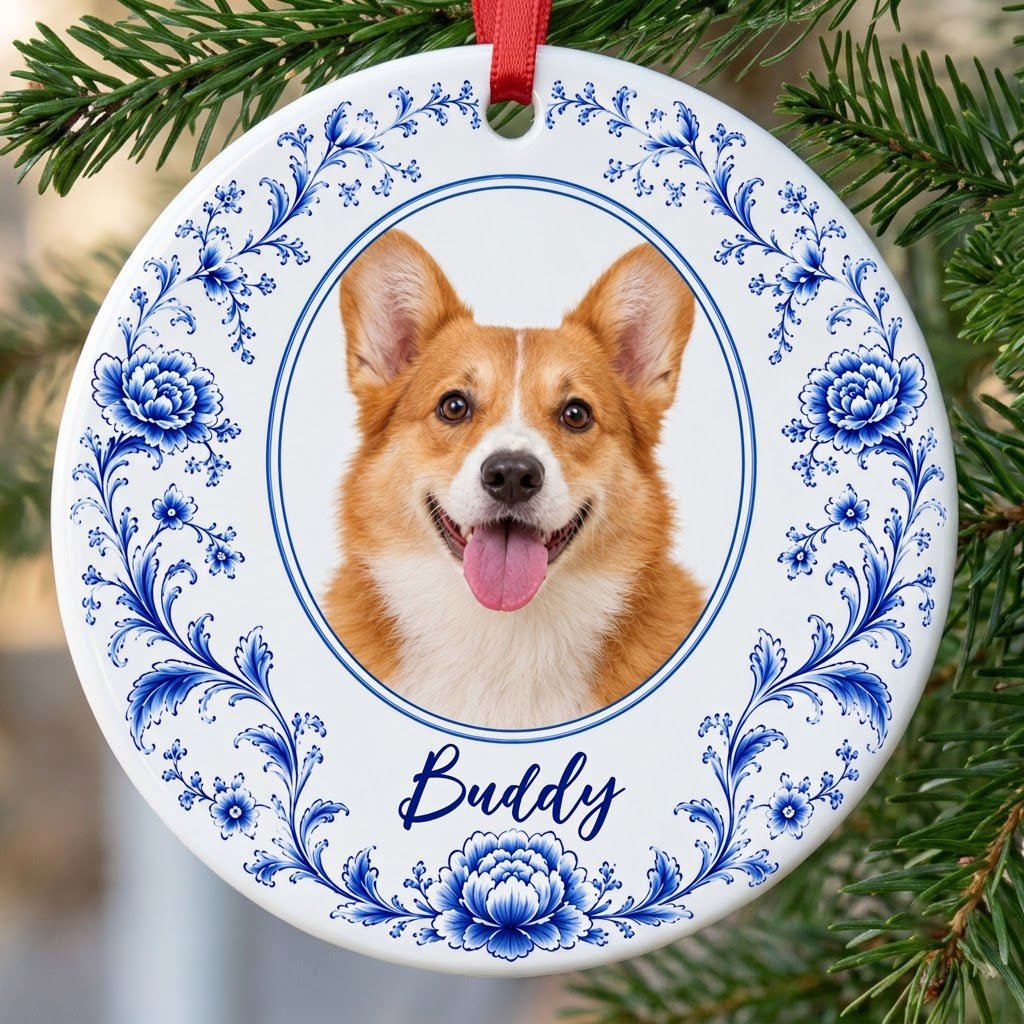 Round ceramic ornament with blue Delft floral border framing a circular photo of a dog and a personalized name.