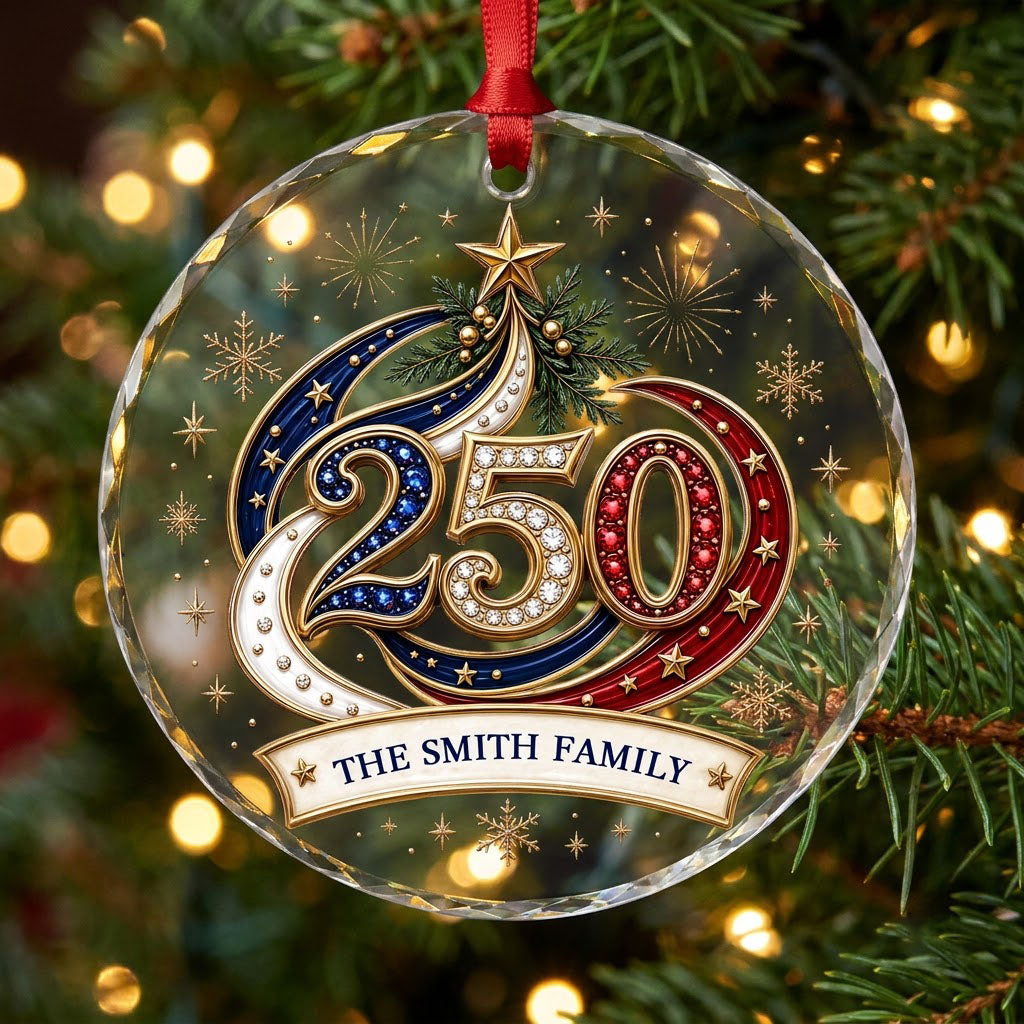 Personalized 250th Anniversary Patriotic Bauble Round Glass Ornament