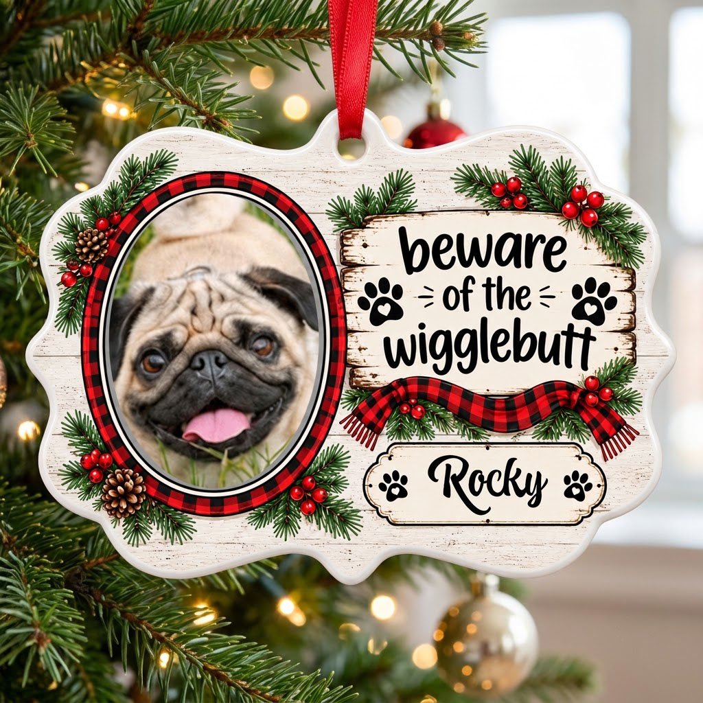 Medallion ornament with buffalo plaid dog photo frame, evergreens, and 'beware of the wigglebutt' text