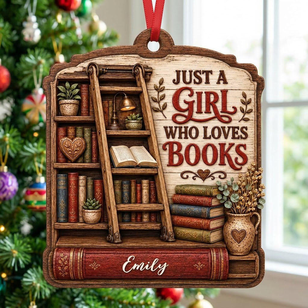 Arched wood ornament with bookshelf, ladder, and 'Just a Girl Who Loves Books' with a name on a red book spine.