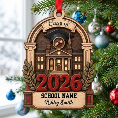 Personalized Class of Graduation Crest Wood Ornament with Cap, Diploma & Laurels
