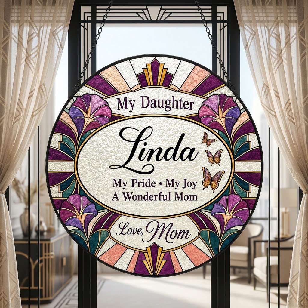 Round stained-glass style suncatcher with purple flowers, butterflies, and 'My Daughter' text.