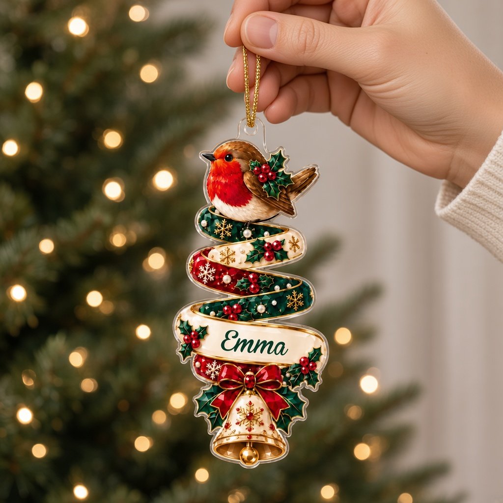 Custom-cut acrylic ornament with robin or fox ribbon tree and a cream name banner.