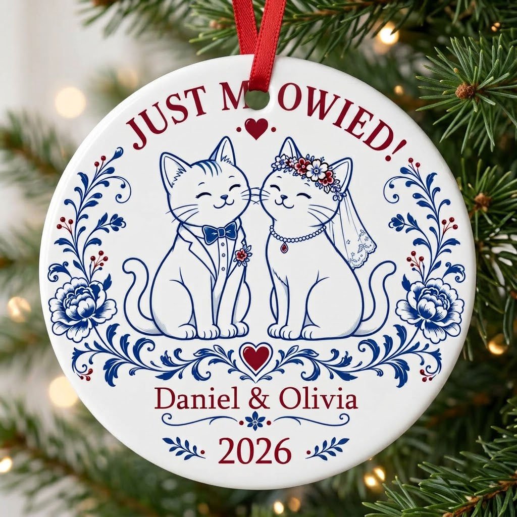 Round ceramic ornament with two wedding cats, 'JUST MEOWIED!', names and year with blue and red folk floral accents